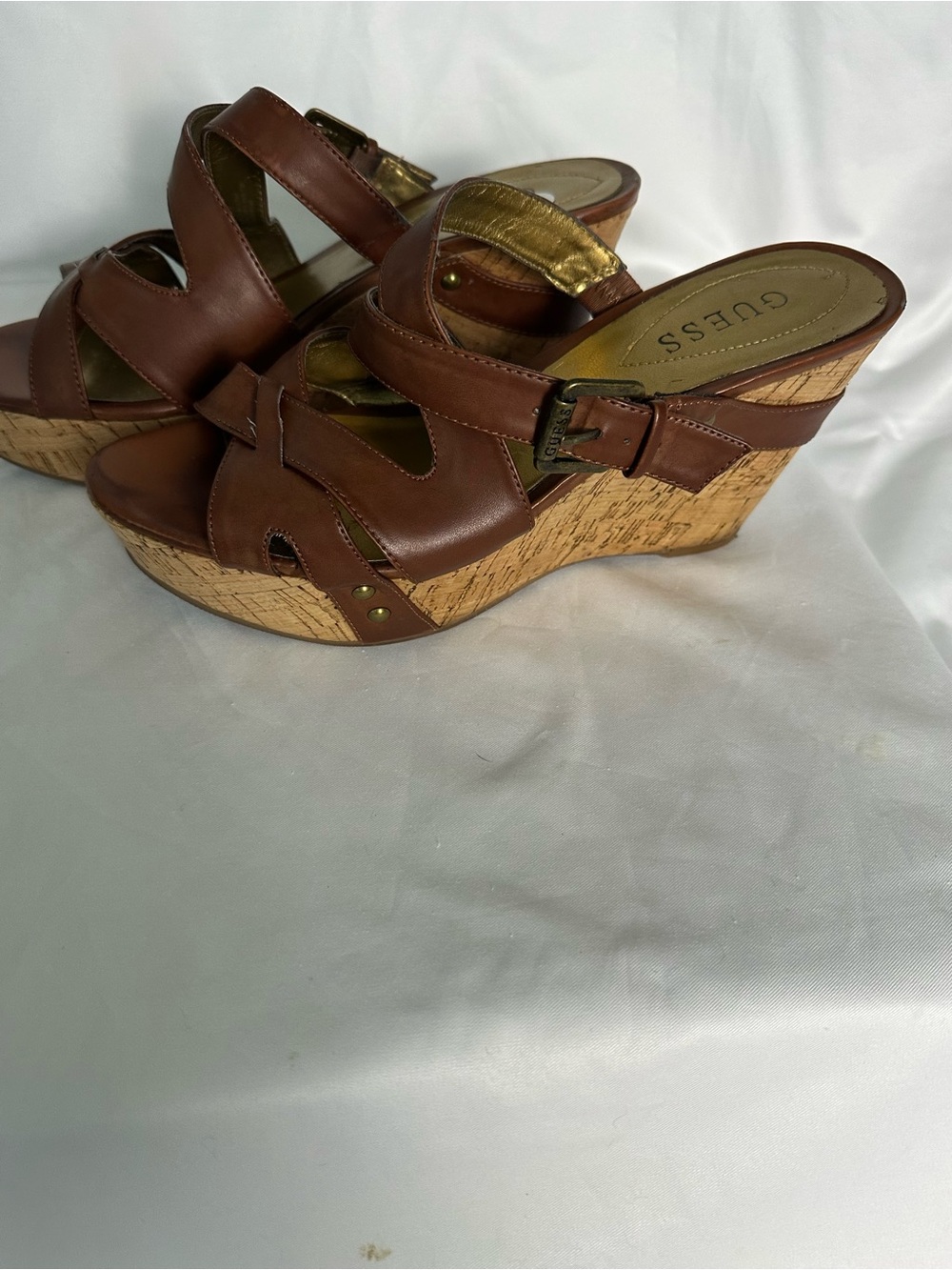 Guess Lizel Platform Wedge Sandals Women’s US 8.5 Brown Leather